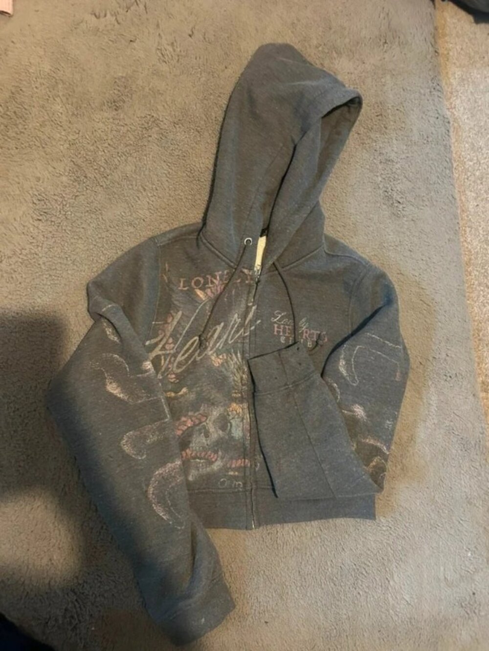 Grey Graphic Zip-Up Hoodie Size M